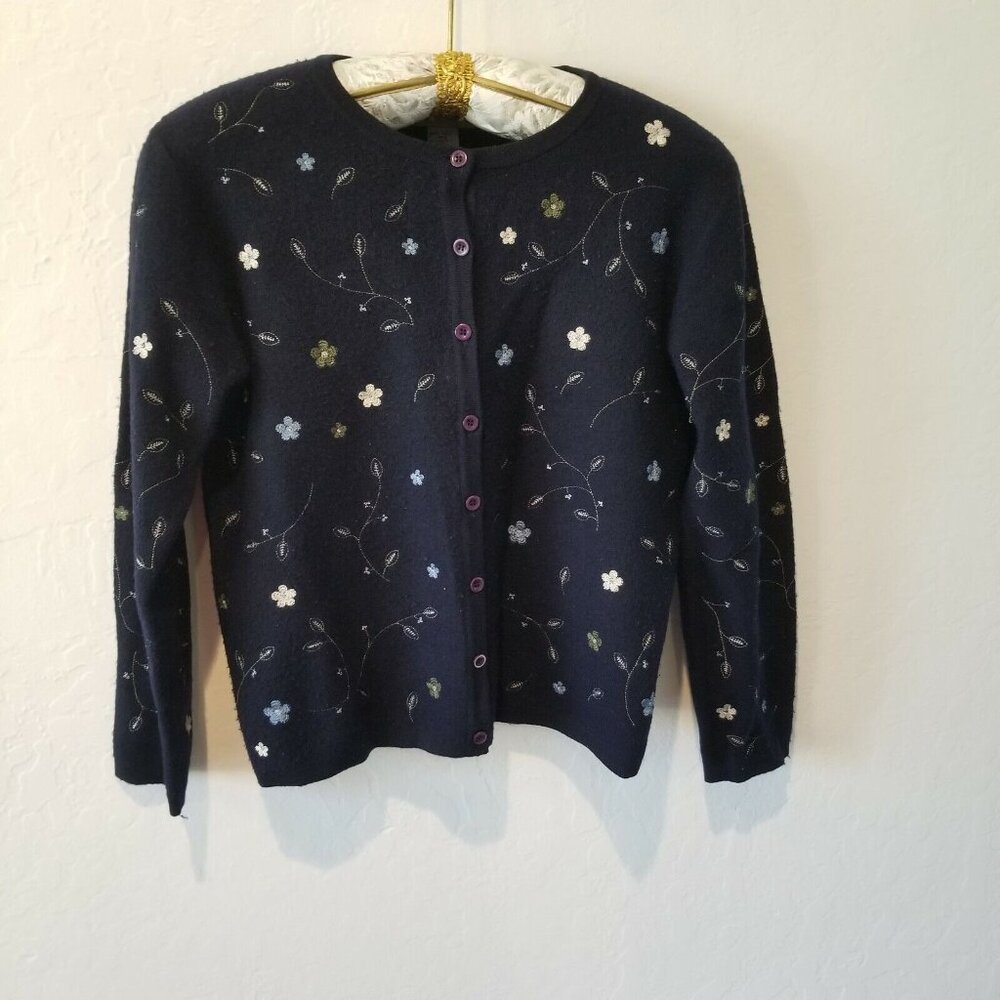 Squaw Valley Womens Wool Embroidered Floral Cardigan Sweater Blue Small Petite